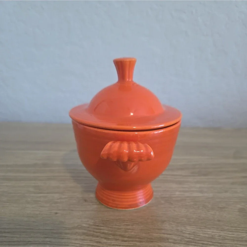 Vintage Fiesta Original Red Sugar Bowl with Woolworth's Sticker Homer Laughlin